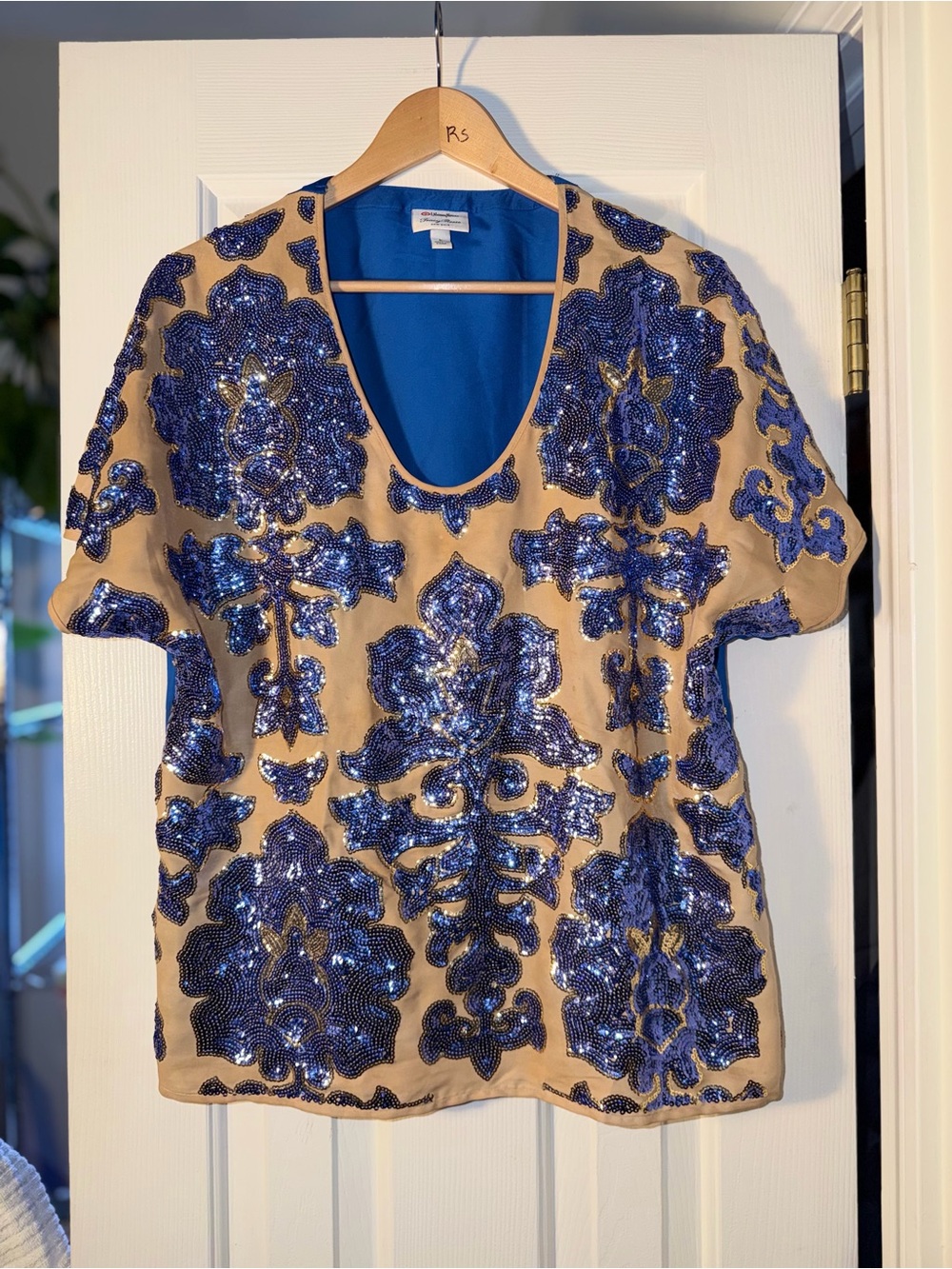 Tracy Reese for Target Beige Short Sleeve Top with Blue Sequin Embellishment L